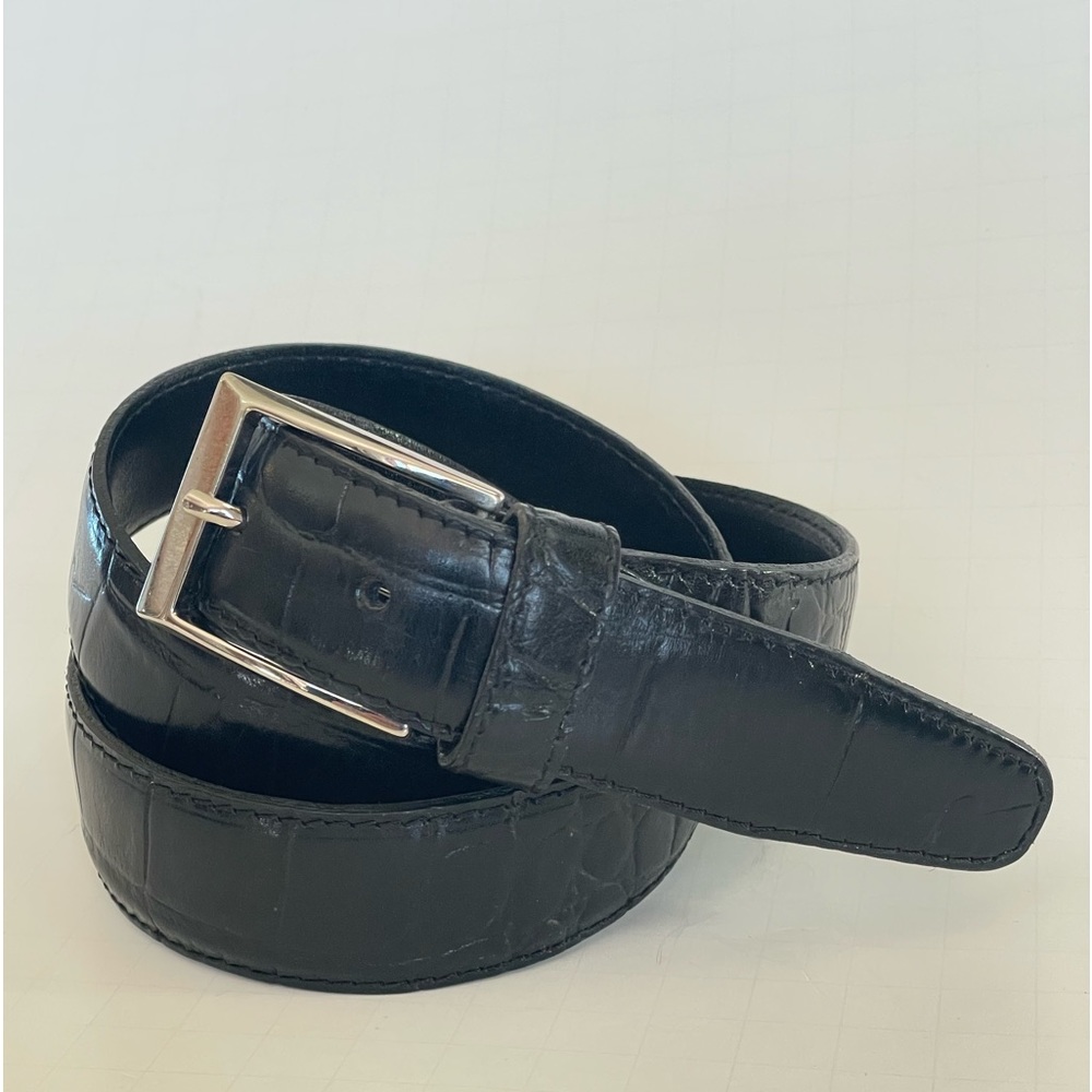 BELT BLACK LEATHER Made in Italy size L 41” UNISEX silver rectangle buckle